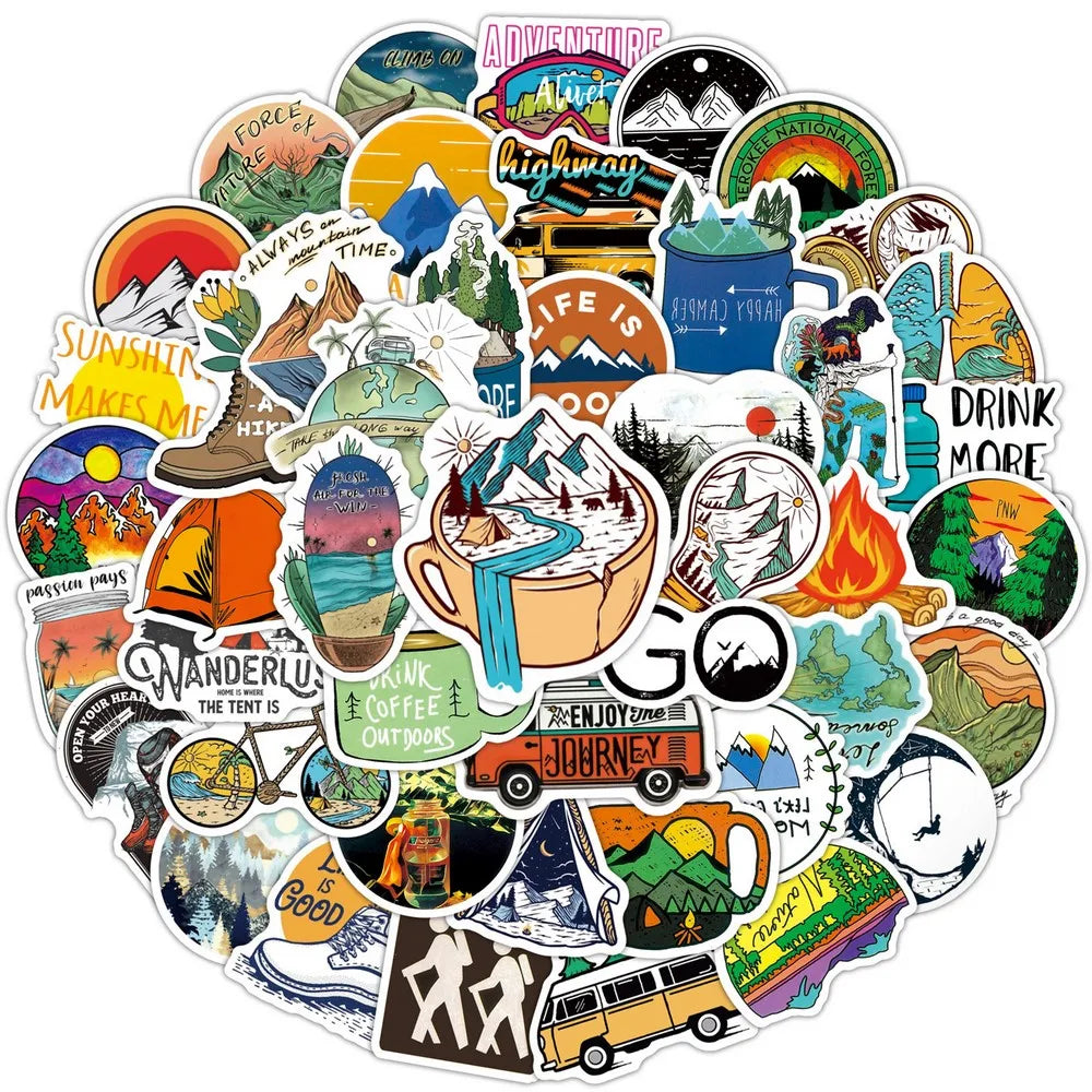 50/100pcs Forest Camping Hiking Stickers Outdoor Travel Beautiful Scenery Decals Water Bottle Phone Laptop Sticker Waterproof