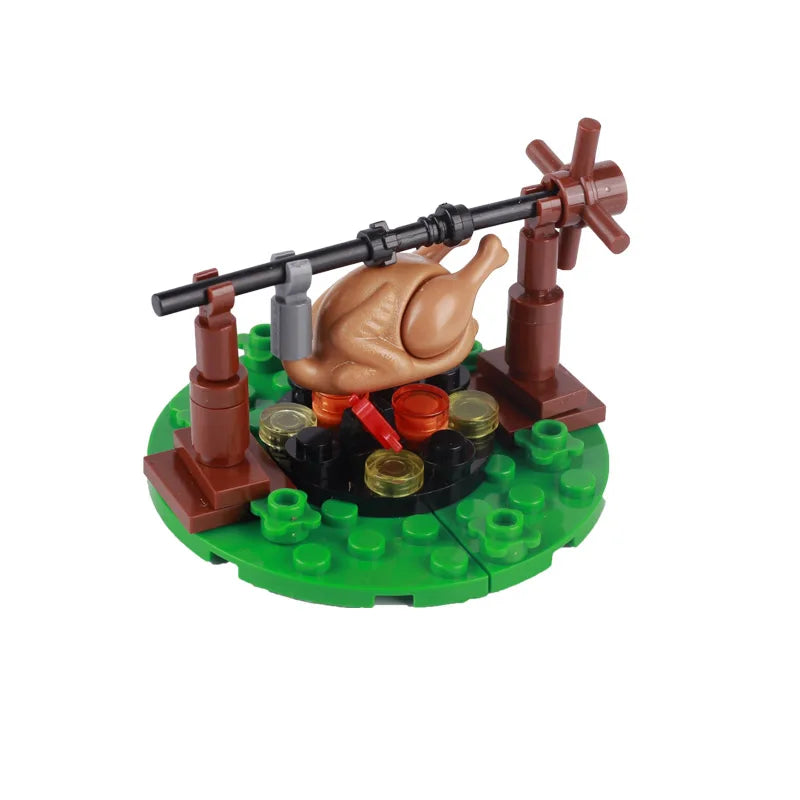 MOC Military Medieval Building Blocks Solider Figures Accessories Bonfire Tent Roast Chicken Camping Scene Mini Bricks Gifts