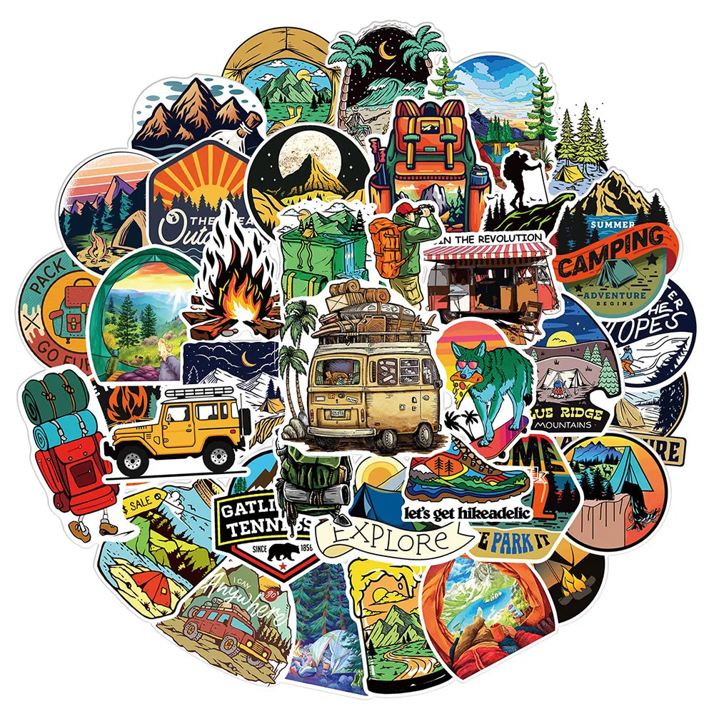 10/30/50/100pcs Outdoor Hiking Camping Stickers Cartoon Decal Skateboard Phone Laptop Car Luggage Bike Cool Waterproof Sticker