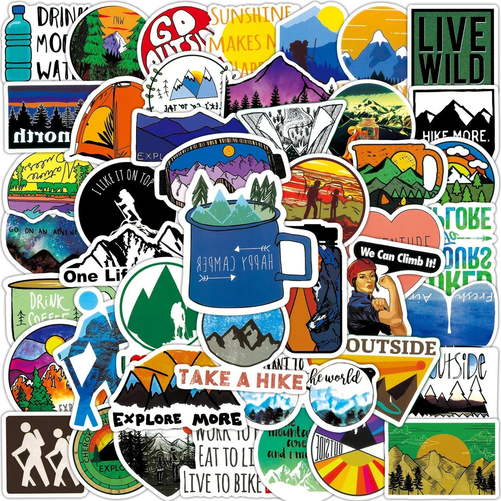 50/100pcs Forest Camping Hiking Stickers Outdoor Travel Beautiful Scenery Decals Water Bottle Phone Laptop Sticker Waterproof